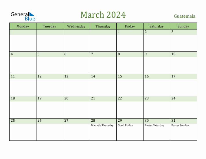 March 2024 Calendar with Guatemala Holidays