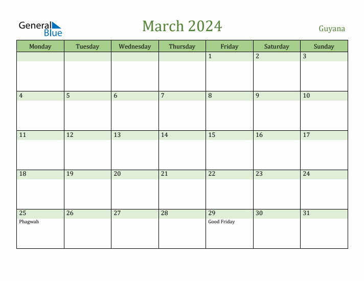 March 2024 Calendar with Guyana Holidays