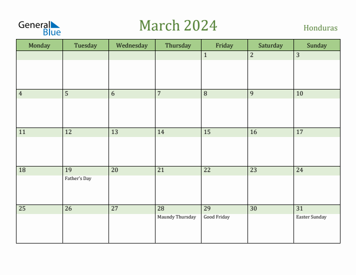 March 2024 Calendar with Honduras Holidays