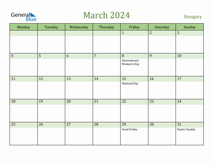 March 2024 Calendar with Hungary Holidays