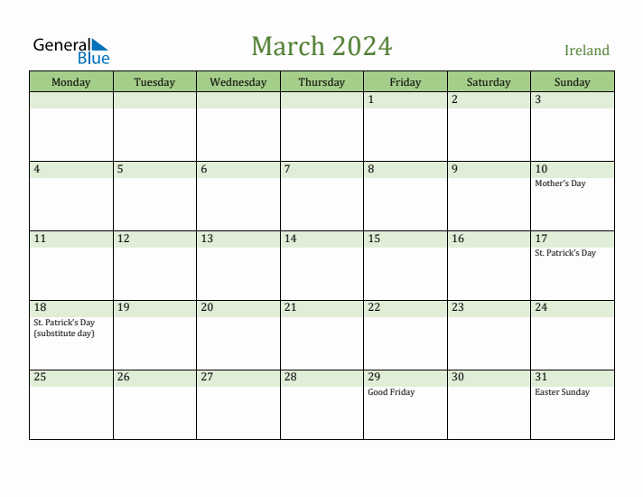 March 2024 Calendar with Ireland Holidays