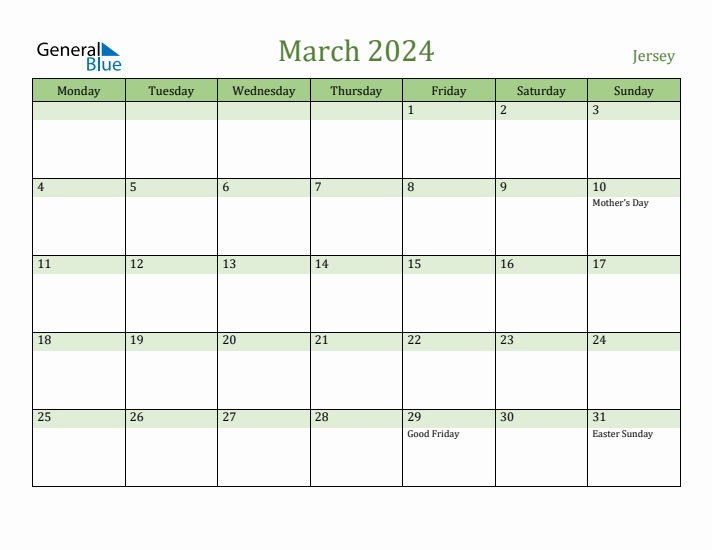 March 2024 Calendar with Jersey Holidays