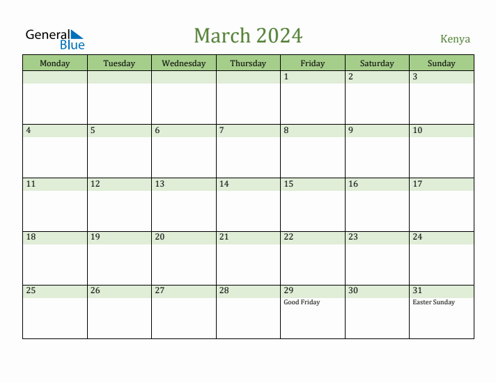 March 2024 Calendar with Kenya Holidays