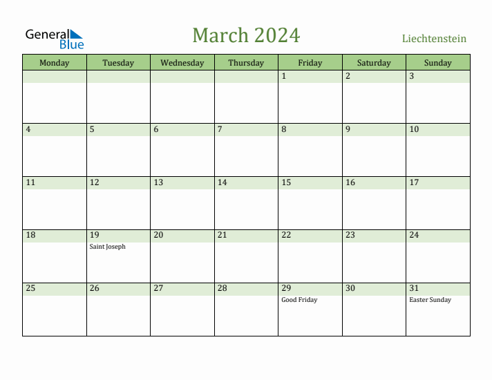 March 2024 Calendar with Liechtenstein Holidays