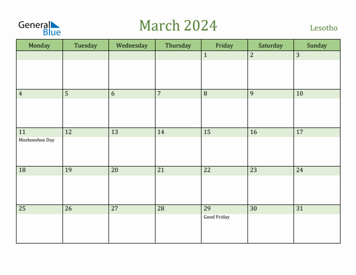 March 2024 Calendar with Lesotho Holidays