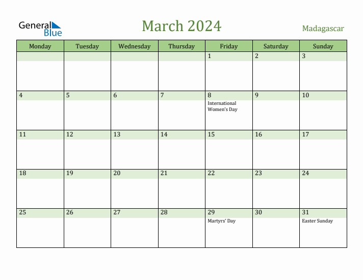 March 2024 Calendar with Madagascar Holidays