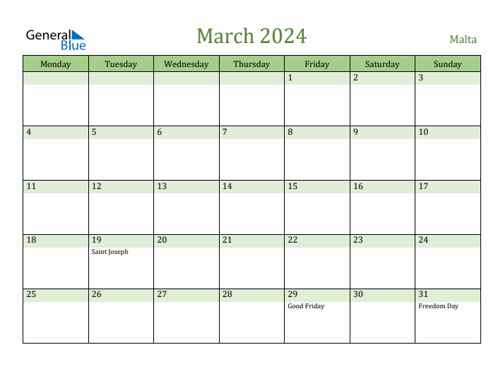 March 2024 Calendar with Malta Holidays