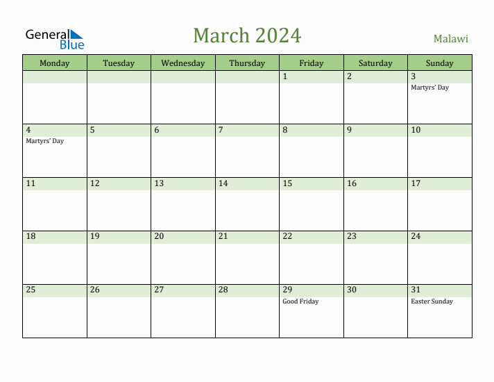 March 2024 Calendar with Malawi Holidays