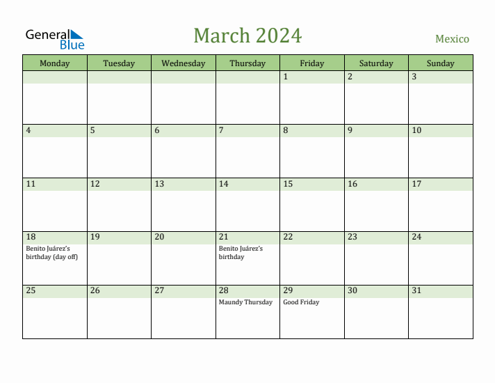 March 2024 Calendar with Mexico Holidays