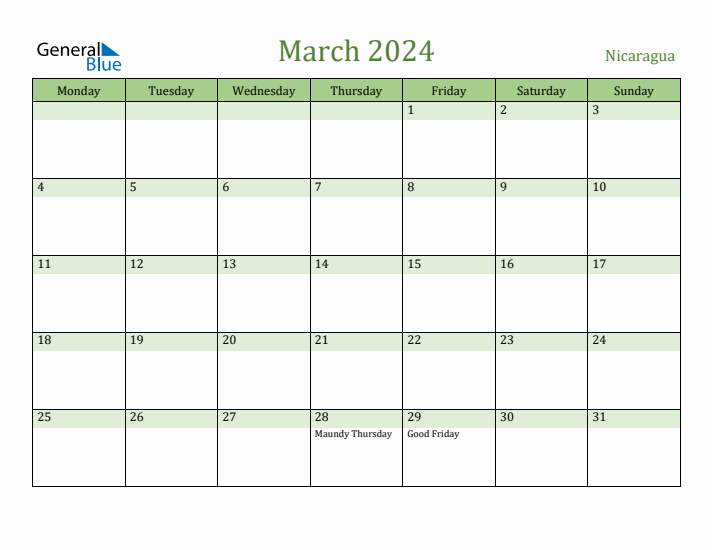 March 2024 Calendar with Nicaragua Holidays