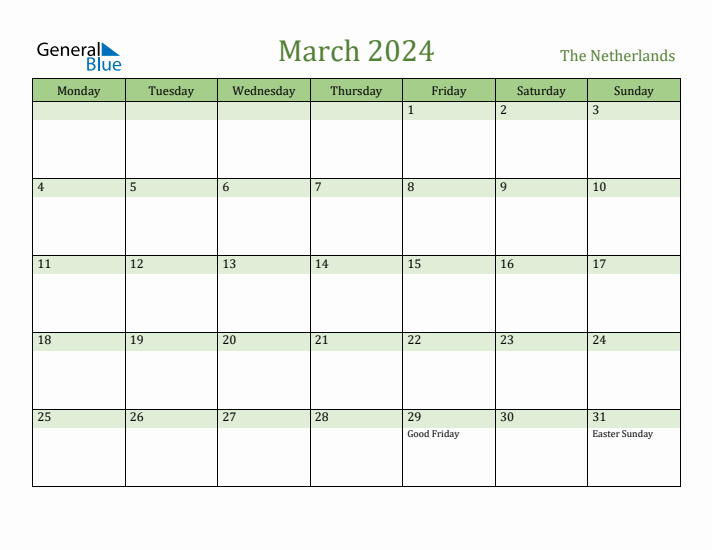 March 2024 Calendar with The Netherlands Holidays