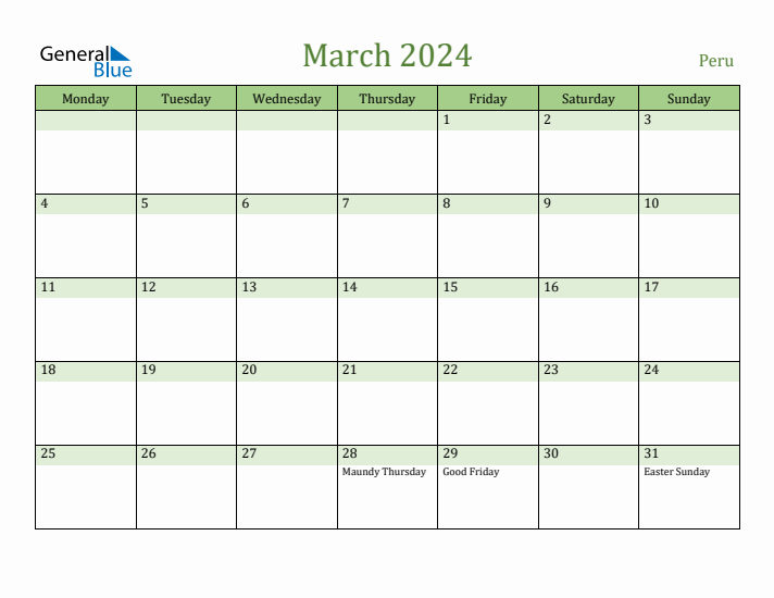 March 2024 Calendar with Peru Holidays