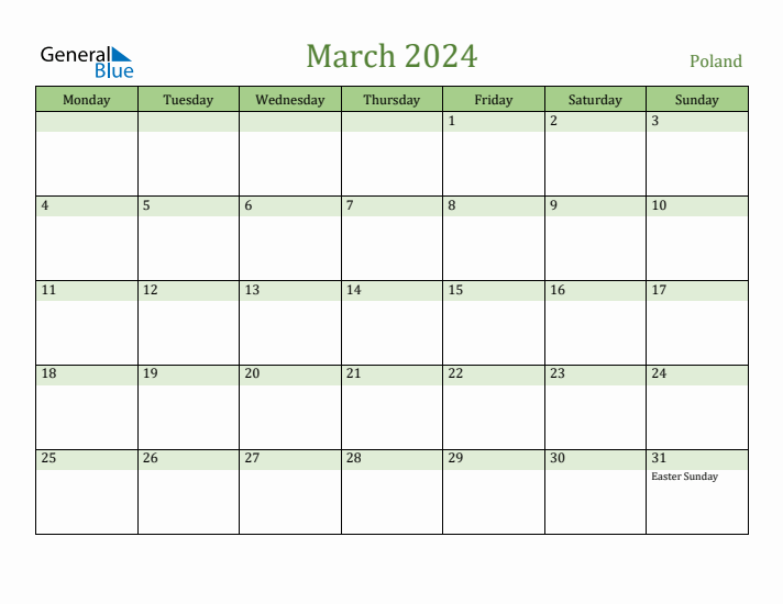 March 2024 Calendar with Poland Holidays