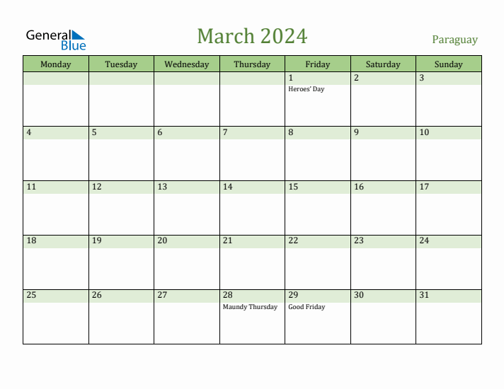 March 2024 Calendar with Paraguay Holidays