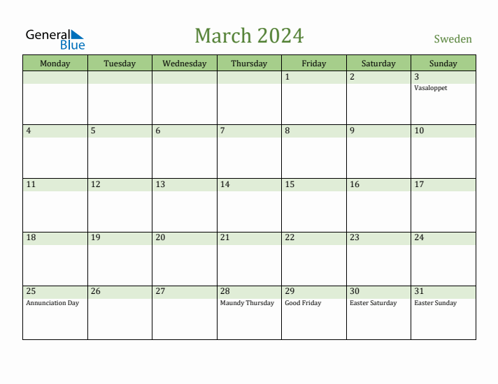 March 2024 Calendar with Sweden Holidays