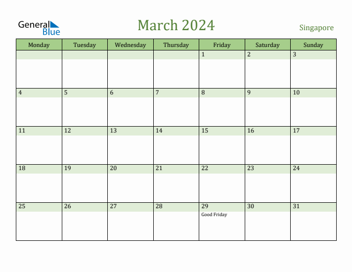 March 2024 Calendar with Singapore Holidays