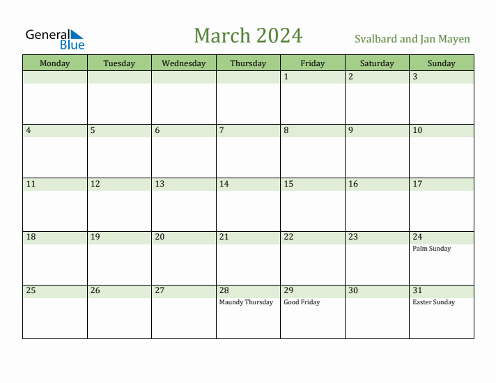 March 2024 Calendar with Svalbard and Jan Mayen Holidays