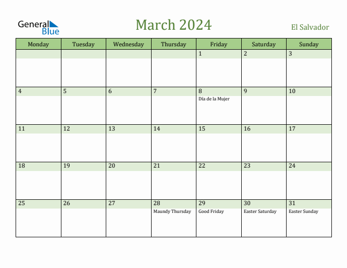 March 2024 Calendar with El Salvador Holidays