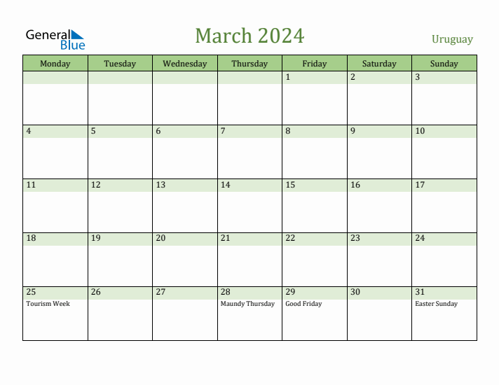 March 2024 Calendar with Uruguay Holidays