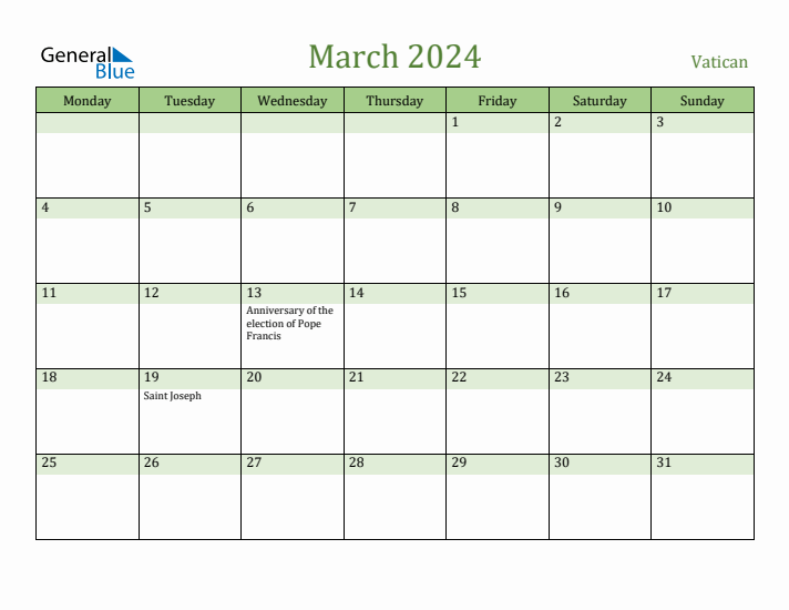 March 2024 Calendar with Vatican Holidays