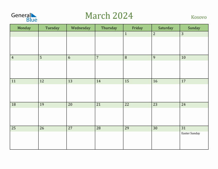 March 2024 Calendar with Kosovo Holidays