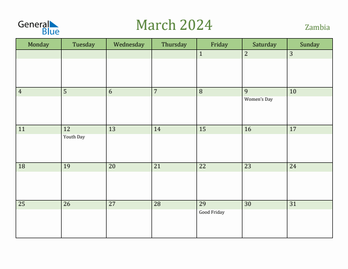 March 2024 Calendar with Zambia Holidays