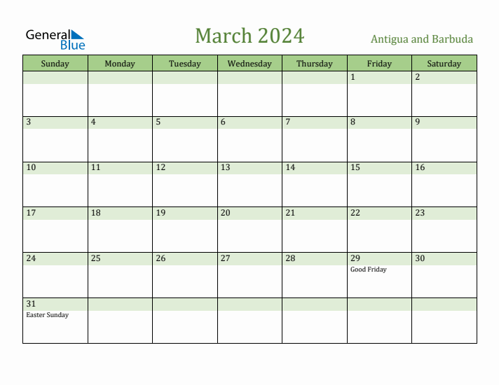 March 2024 Calendar with Antigua and Barbuda Holidays