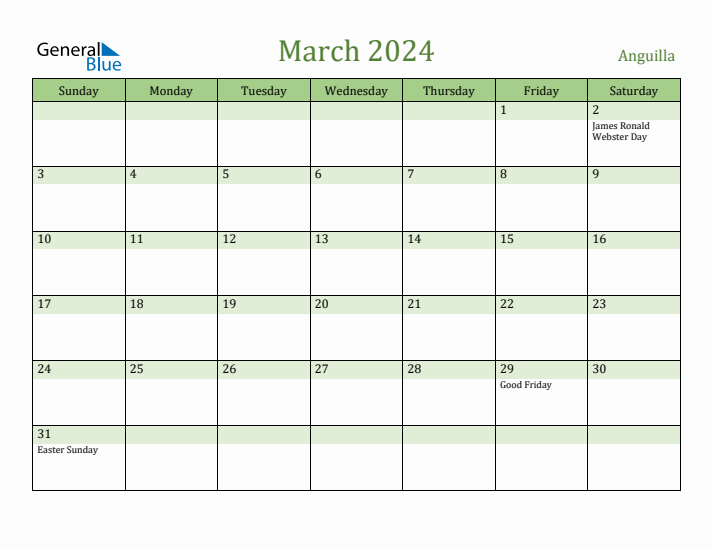 March 2024 Calendar with Anguilla Holidays