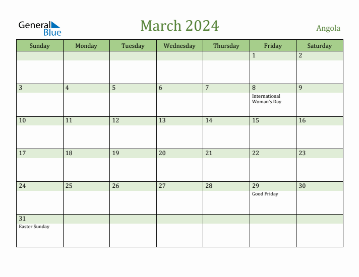 March 2024 Calendar with Angola Holidays