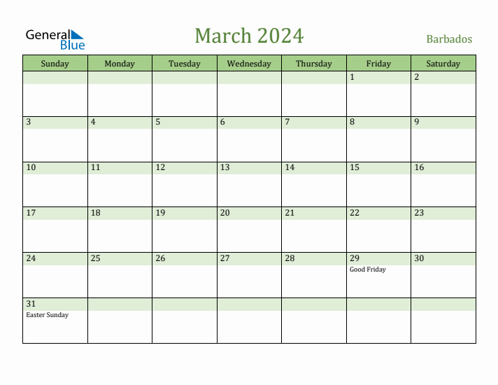 March 2024 Calendar with Barbados Holidays