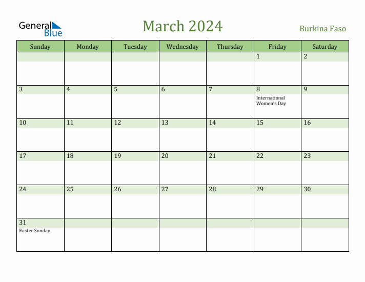 March 2024 Calendar with Burkina Faso Holidays