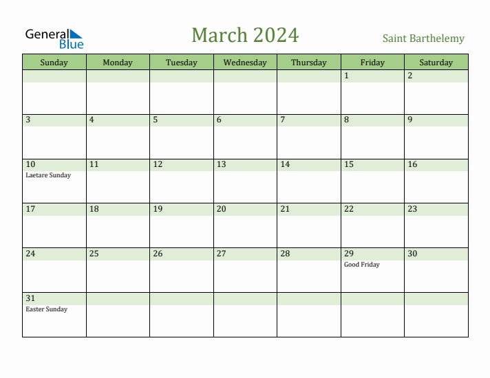 March 2024 Calendar with Saint Barthelemy Holidays