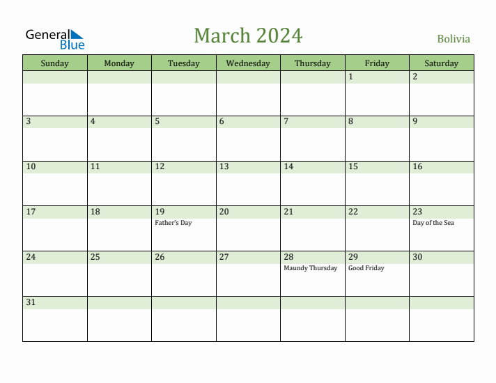 March 2024 Calendar with Bolivia Holidays