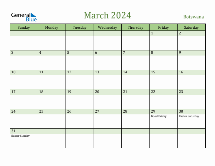 March 2024 Calendar with Botswana Holidays