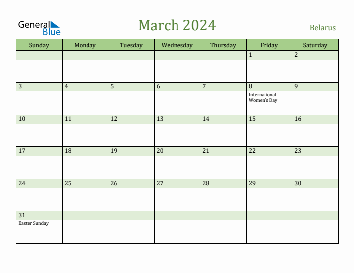 March 2024 Calendar with Belarus Holidays