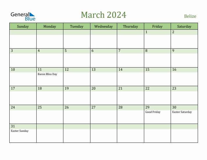 March 2024 Calendar with Belize Holidays