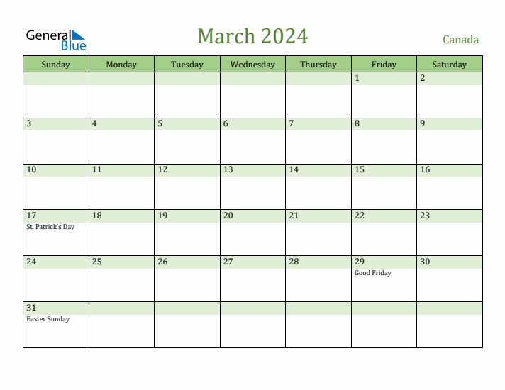 March 2024 Calendar with Canada Holidays