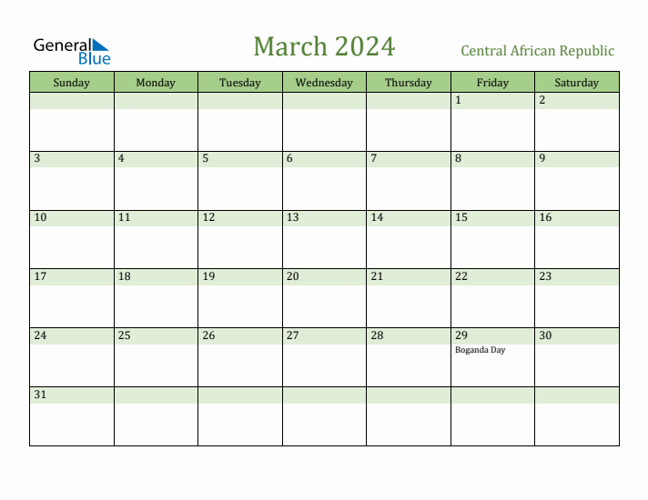 March 2024 Calendar with Central African Republic Holidays