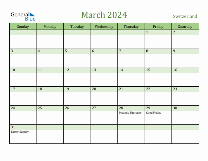 March 2024 Calendar with Switzerland Holidays