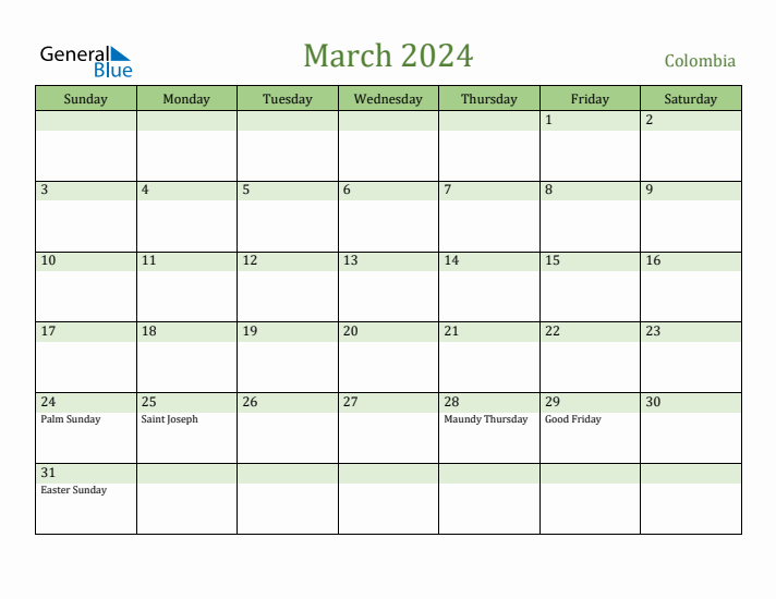 March 2024 Calendar with Colombia Holidays