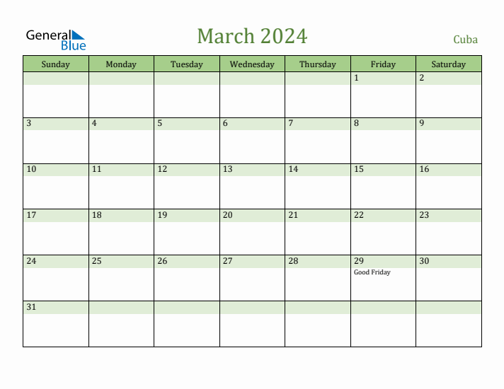 March 2024 Calendar with Cuba Holidays