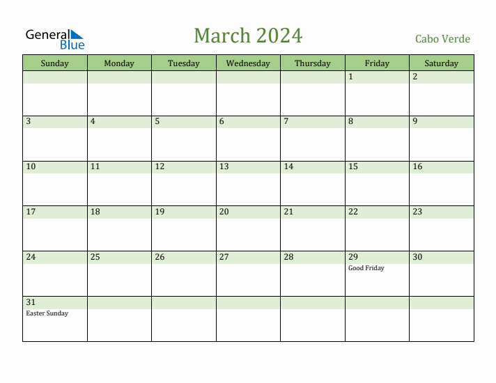 March 2024 Calendar with Cabo Verde Holidays