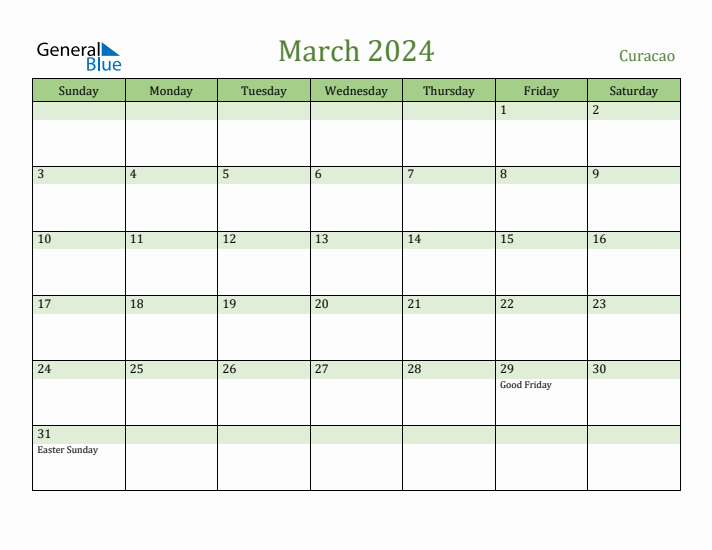 March 2024 Calendar with Curacao Holidays