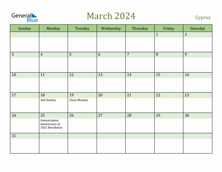 March 2024 Calendar with Cyprus Holidays