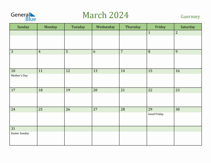 March 2024 Calendar with Guernsey Holidays