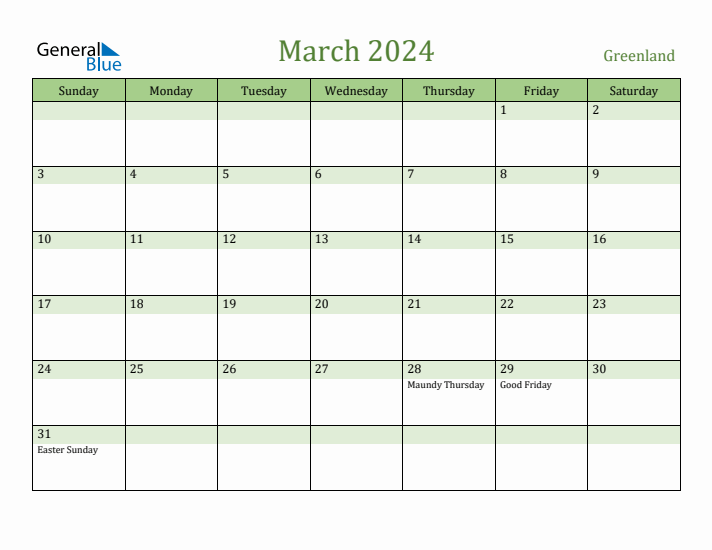 March 2024 Calendar with Greenland Holidays