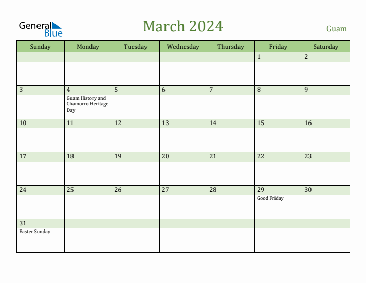 March 2024 Calendar with Guam Holidays