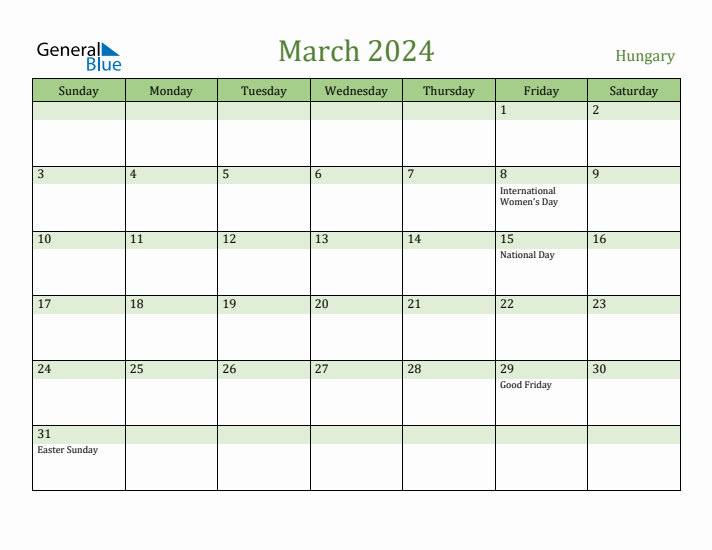 March 2024 Calendar with Hungary Holidays