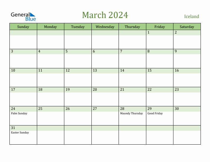 March 2024 Calendar with Iceland Holidays