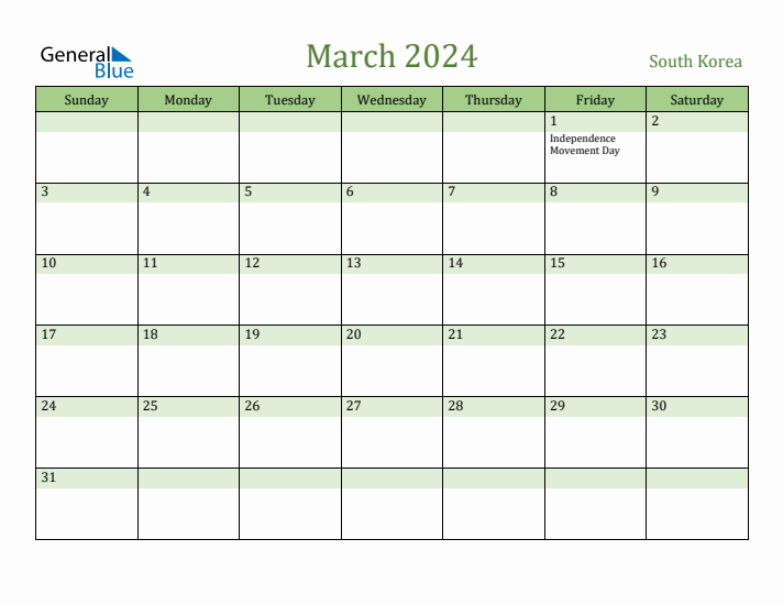 March 2024 Calendar with South Korea Holidays